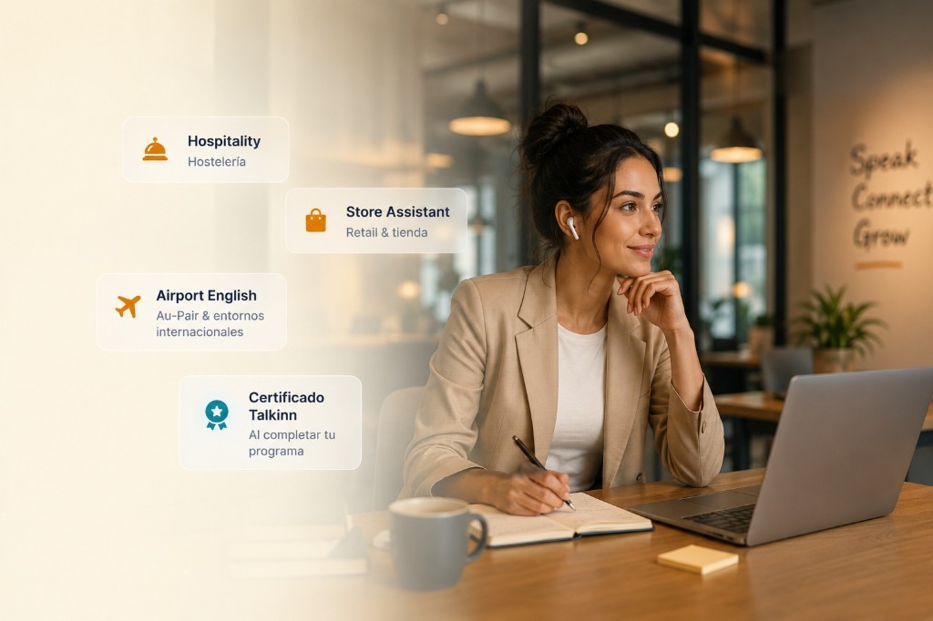 Profesional preparándose con inglés laboral: hostelería, retail, entornos internacionales y certificación Talkinn