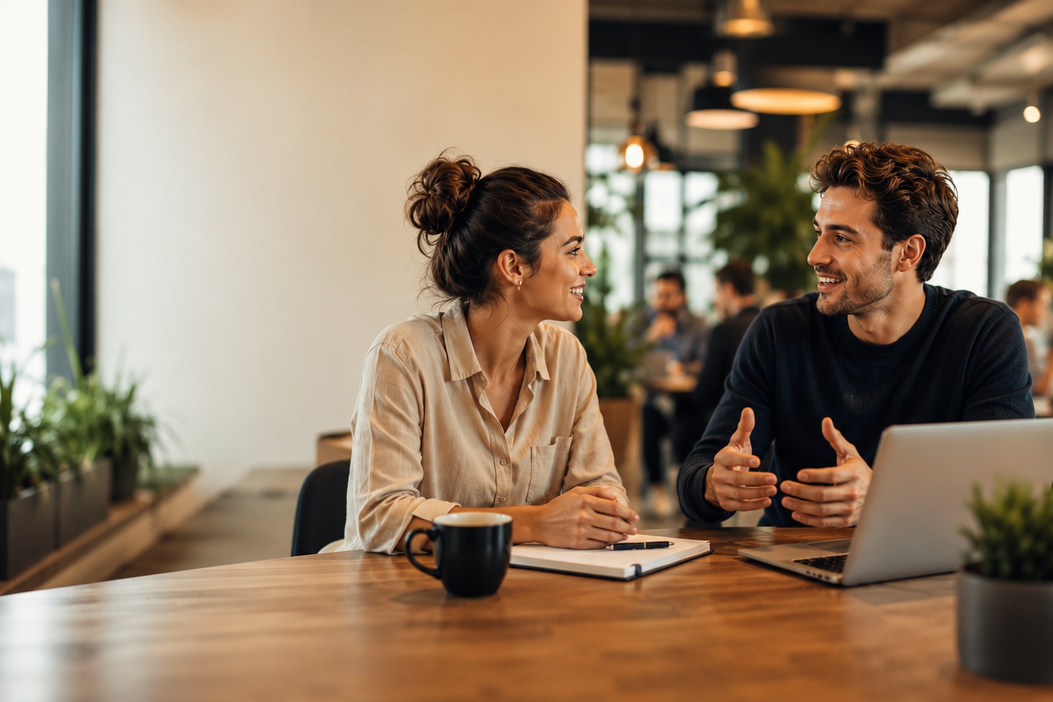 Profesionales conversando en inglés en entorno profesional moderno
